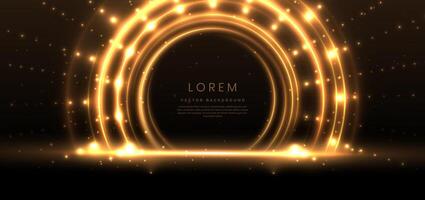 Abstract elegant black background with circle neon golden line and lighting effect sparkle. Luxury template award design. vector