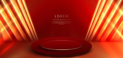 Elegant red stage with gold diagonal glowing lighting effect and sparkle. Template premium award design. vector