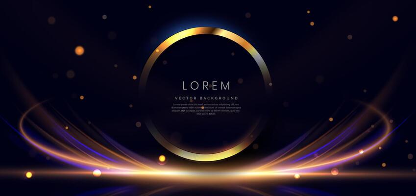Abstract gold circle with light ray on dark blue background with lighting effect sparkle. Luxury template celebration award design.