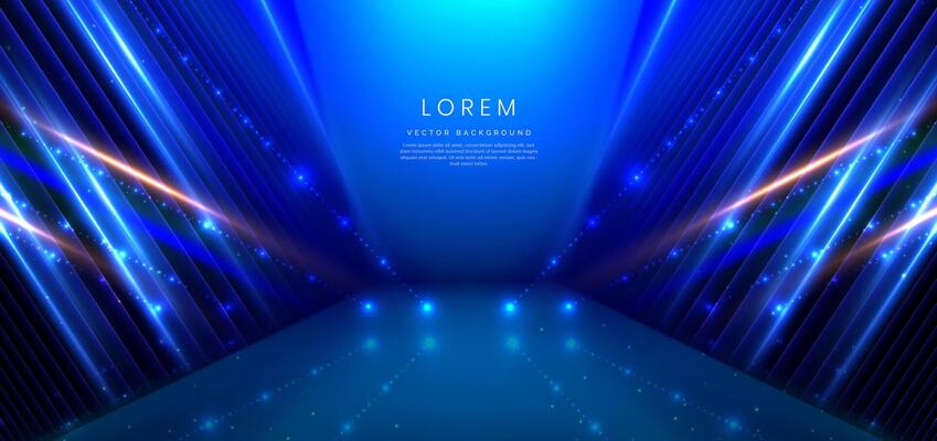 Elegant blue stage background with blue dot neon line and lighting effect sparkle. Luxury template award design.