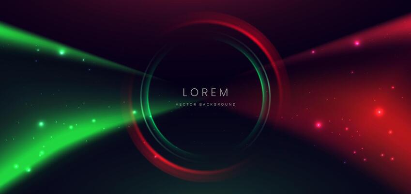 Abstract technology futuristic glowing circle neon green and red light ray on dark blue background with lighting effect.