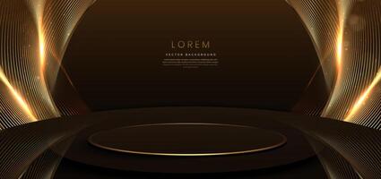 Brown and lines gold scence with circle podium and lighting effect sparkle on dark brown background. Template premium award design. vector