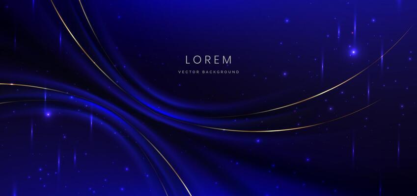 Luxury dark blue background with golden line curved and lighting effect sparkle.
