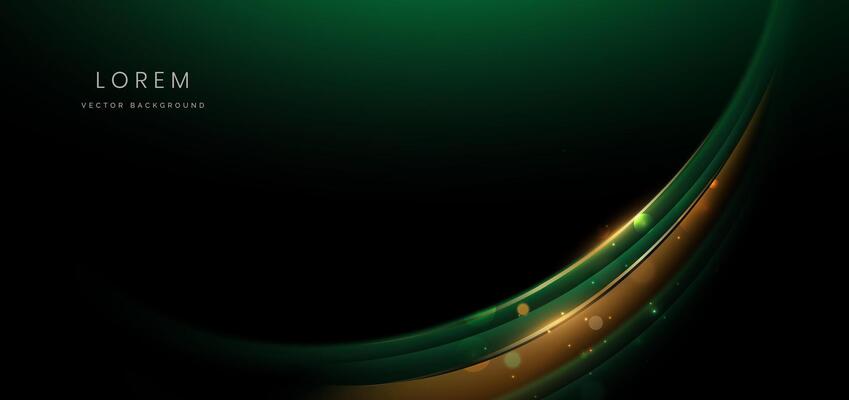 Luxury dark green background with curved glowing green and golden line lighting effect sparkle. Template premium award ceremony design.