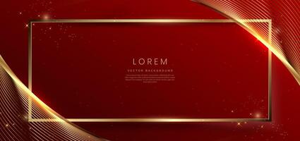 Abstract gold frame with curved lines on red background with lighting effect and sparkle with copy space for text. vector