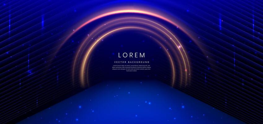 Elegant blue stage background with golden line curved and lighting effect sparkle. Luxury template award design.