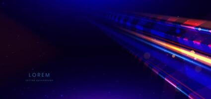 Abstract technology futuristic neon geometric glowing blue and red diagonal light lines with speed motion blur effect on dark blue background. vector