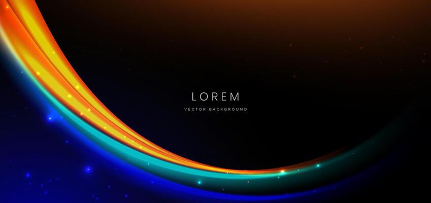 Abstract technology futuristic curved glowing neon blue and orange light ray on dark blue background with lighting effect.