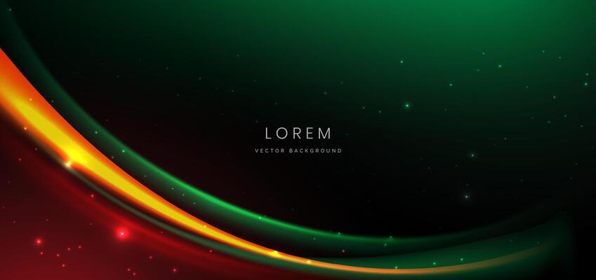 Abstract technology futuristic curved glowing neon green and red light ray on dark background with lighting effect.