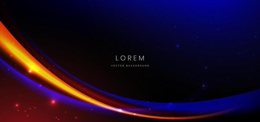 Abstract technology futuristic curved glowing neon blue and orange light ray on dark blue background with lighting effect.