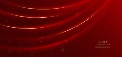 Elegant red background with glowing gold curved lines and lighting effect and sparkle with copy space for text. Luxury design style. vector