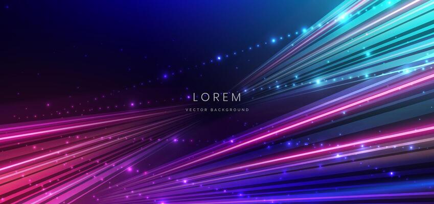 Abstract technology futuristic glowing blue and pink light lines with speed motion blur effect on dark blue background.