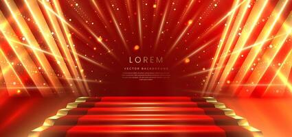 Elegant red stage with gold diagonal glowing lighting effect and sparkle. Template premium award design. vector