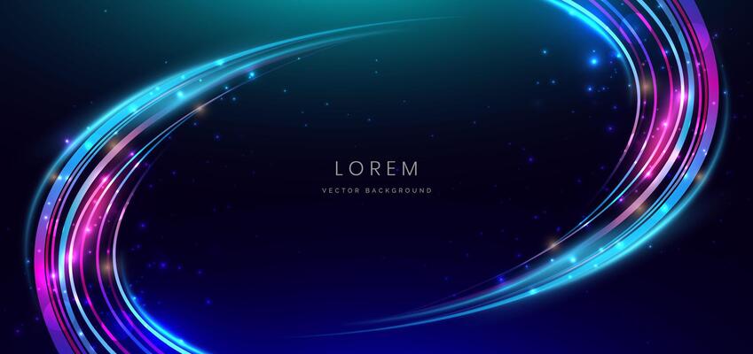 Abstract technology futuristic curved glowing neon blue and pink light lines with speed motion moving on dark blue background.
