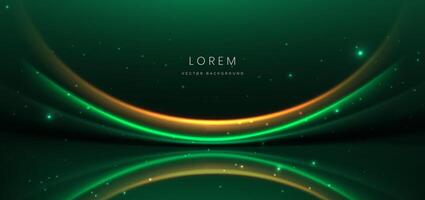 Luxury green background with green and golden line curved and lighting effect sparkle. vector
