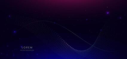 Abstract technology futuristic glowing neon blue and pink wave light dots lines with speed motion moving on dark blue background. vector