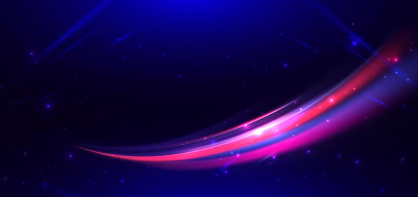 Abstract futuristic neon light curved red and blue on dark blue background.