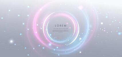 Abstract technology futuristic circles neon glowing blue and pink light lines with speed motion blur effect on grey background. vector