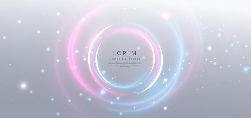 Abstract technology futuristic circles neon glowing blue and pink light lines with speed motion blur effect on grey background.