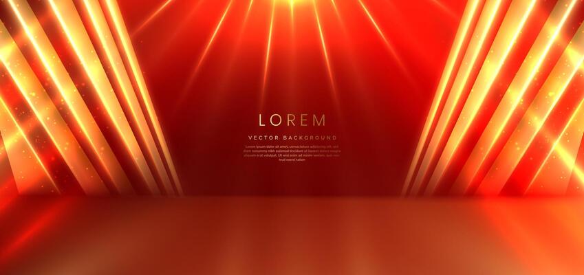 Elegant red stage with gold diagonal glowing lighting effect and sparkle. Template premium award design.