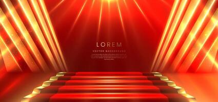 Elegant red stage with gold diagonal glowing lighting effect and sparkle. Template premium award design. vector
