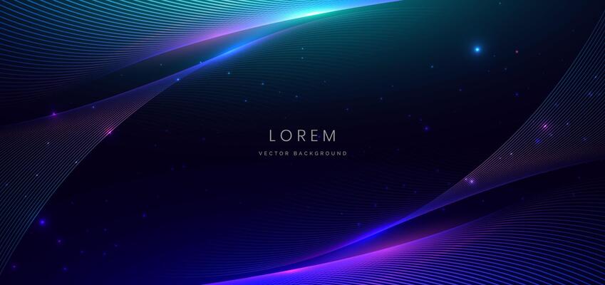 Abstract technology futuristic glowing neon blue and pink wave light lines with speed motion moving on dark blue background.