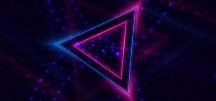 Abstract technology futuristic neon triangle glowing blue and pink light lines with speed motion blur effect on dark blue background. vector