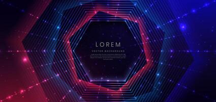 Abstract technology futuristic glowing neon blue and red hexagon light lines with speed motion moving on dark blue background. vector