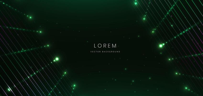 Abstract technology futuristic diagonal glowing lines neon green and pink light ray on dark green background with lighting effect.