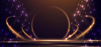 Elegant golden scene circle glowing with lighting effect sparkle and bokeh on brown background. Template premium award design. vector