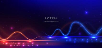 Abstract technology futuristic horizontal curved lines neon blue and orange light ray on dark blue background with lighting effect. vector