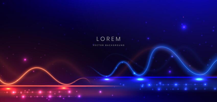 Abstract technology futuristic horizontal curved lines neon blue and orange light ray on dark blue background with lighting effect.