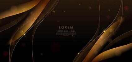 3D gold curved golden ribbon on dark brown background with lighting effect and sparkle with copy space for text. Luxury design style. vector