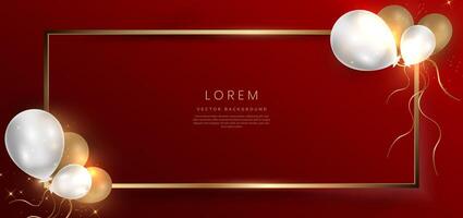 Abstract gold frame with ballon on red background with lighting effect and sparkle with copy space for text. Luxury frame design style. vector