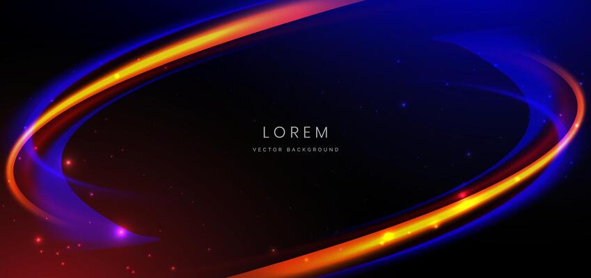 Abstract technology futuristic curved glowing neon blue and orange light ray on dark blue background with lighting effect.