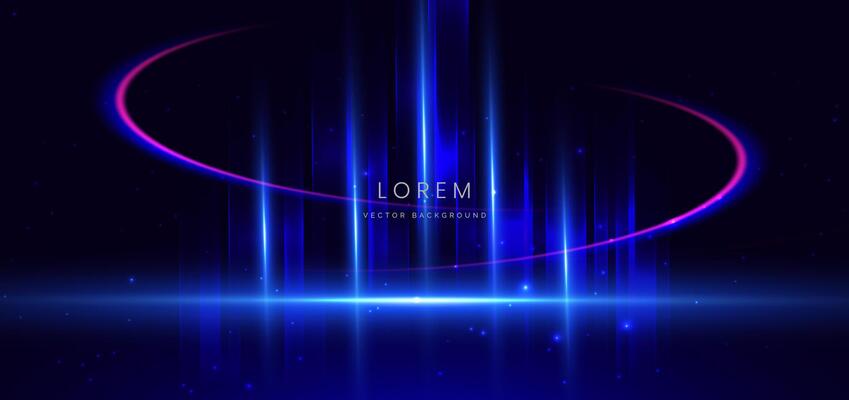 Abstract technology futuristic neon glowing blue light lines with speed motion blur effect on dark blue background.