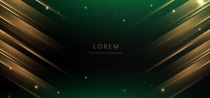 Abstract glowing gold diagonal lighting lines on dark green background with lighting effect and sparkle with copy space for text. Luxury design style. vector