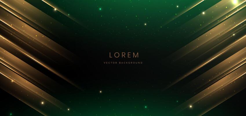 Abstract glowing gold diagonal lighting lines on dark green background with lighting effect and sparkle with copy space for text. Luxury design style.