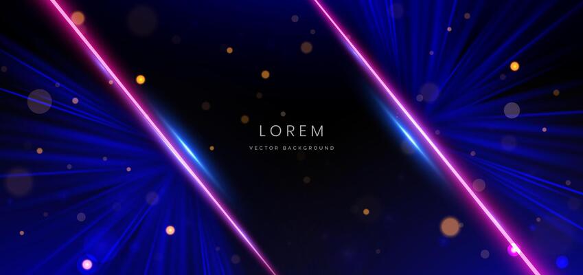 Abstract technology futuristic neon neon glowing blue and pink light lines with speed motion blur effect on dark blue background.