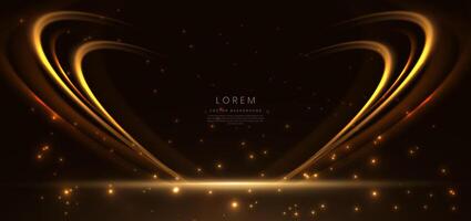 Abstract glowing gold curved element on dark background with lighting effect glitter and sparkle with copy space for text. vector