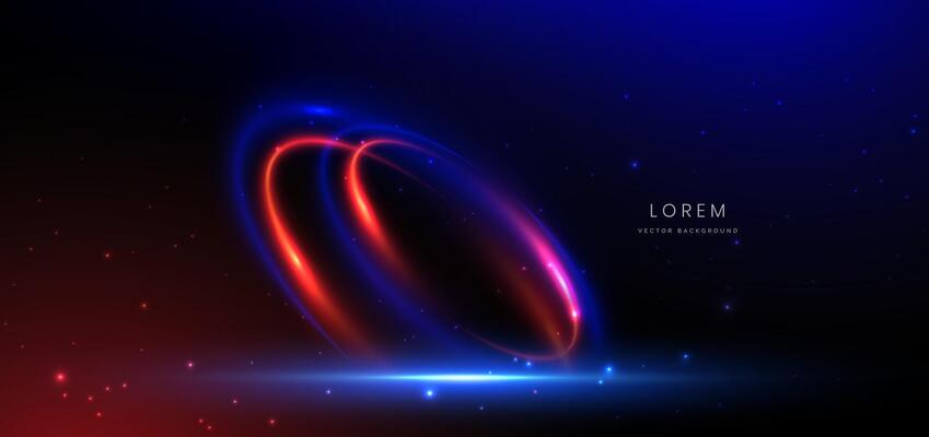 Abstract technology futuristic curved glowing neon blue and red light ray on dark blue background with lighting effect.