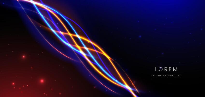 Abstract technology futuristic curved glowing neon blue and orange light ray on dark blue background with lighting effect.