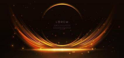 Glowing gold circle frame with flare curved spark effect on dark brown background. vector
