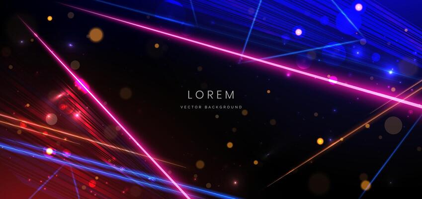Abstract technology futuristic neon neon glowing blue and pink light lines with speed motion blur effect on dark blue background.