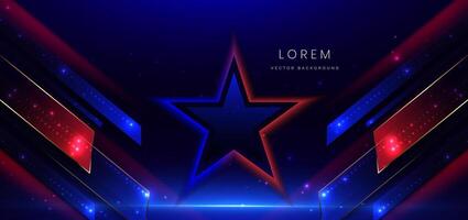 Abstract technology futuristic neon geometric glowing blue and red light lines with speed motion blur effect on dark blue background. vector
