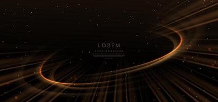 Abstract luxury golden curved lines overlapping on dark brown background with lighting effect and sprkle. Template premium award design. vector