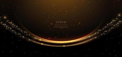 Abstract glowing gold curved element on dark background with lighting effect glitter and sparkle with copy space for text. vector