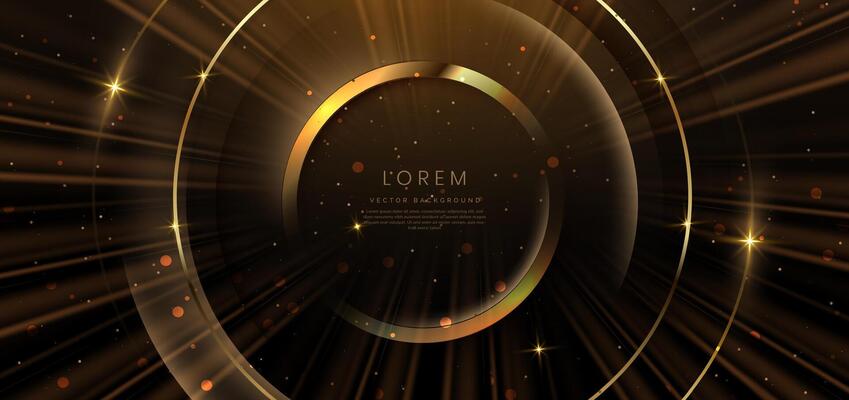 Abstract luxury golden circles lines overlapping on dark brown background with lighting effect and sprkle. Template premium award design.