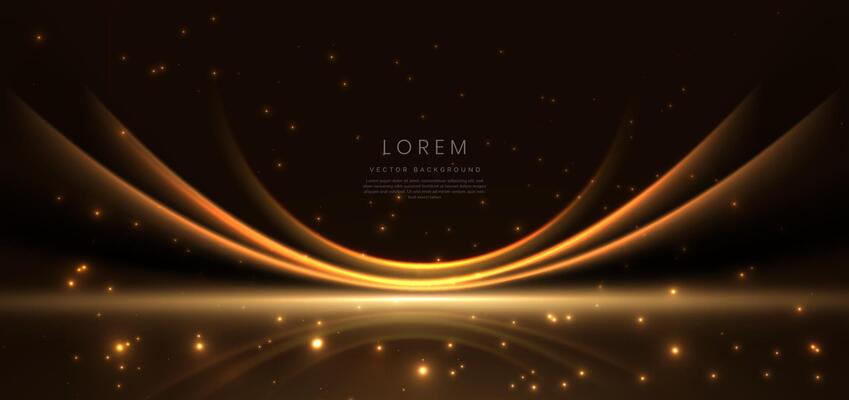 Abstract glowing gold curved element on dark background with lighting effect glitter and sparkle with copy space for text. Luxury design style.