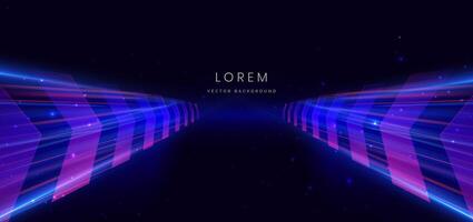 Abstract futuristic neon arrow glowing blue and pink light lines with sparkle effect on dark blue background. vector